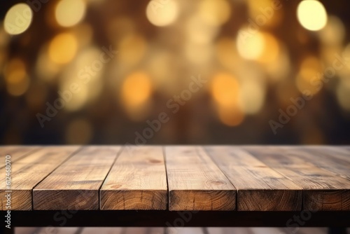 Empty wooden table top with blurred background. Generative AI