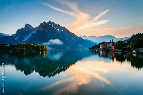 Tranquil Swiss Lakes  Highlight the serene charm of Swiss lakes like Lake Geneva  Lake Lucerne  or Lake Zurich. Capture the crystal-clear waters reflecting the surrounding mountains  sailboats gliding