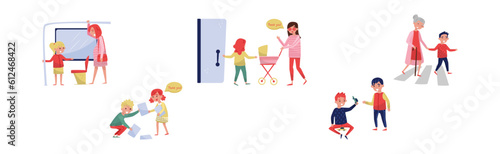 Kids with Good Manners Say Thank You, Share Toy, Lead Senior Across Road, Open Door for Woman Vector Set