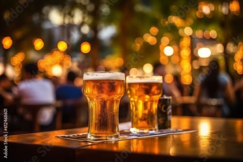 Bokeh background of Street Bar beer restaurant  outdoor in asia  People sit chill out and hang out dinner and listen to music together in Avenue  Happy life  work hard play hard. Generative Ai