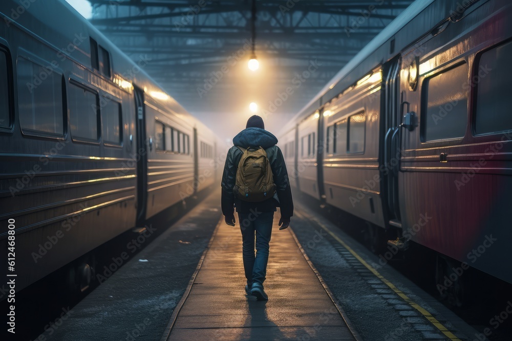 A lone guy walking to catch train. Generative AI A lone guy walking to catch train. Generative AI