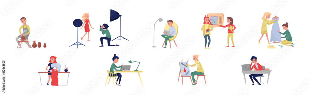 People Characters Engaged in Creative Occupation and Work Vector Set