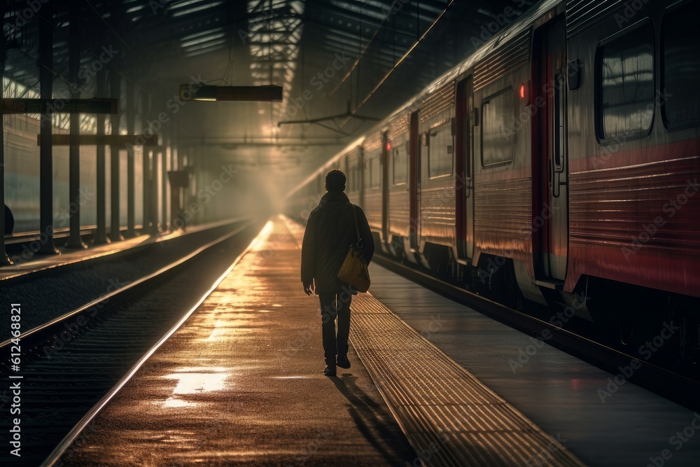 A lone guy walking to catch train. Generative AI A lone guy walking to catch train. Generative AI