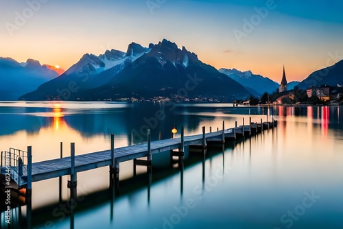 Tranquil Swiss Lakes: Highlight the serene charm of Swiss lakes like Lake Geneva, Lake Lucerne, or Lake Zurich. Capture the crystal-clear waters reflecting the surrounding mountains, sailboats gliding © crescent