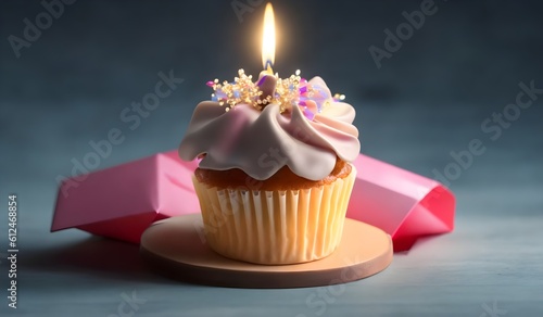 Cupcake with birthday candle and gift box.  AI Generative