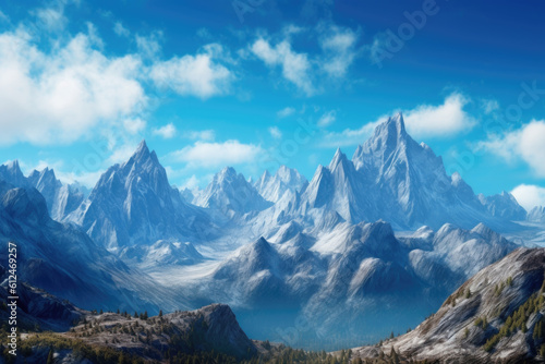 Mountains reaching the sky. Majestic mountains standing tall against a backdrop of a clear blue sky. Generative AI © Landscape Planet