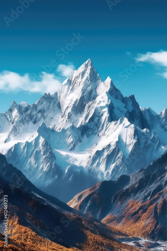 Mountains reaching the sky. Majestic mountains standing tall against a backdrop of a clear blue sky. Generative AI  © Landscape Planet