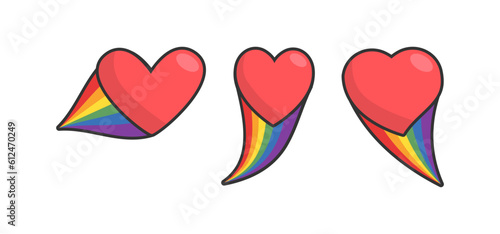 Heart icon with rainbow flag comet. Love diversity, pride month symbol.
