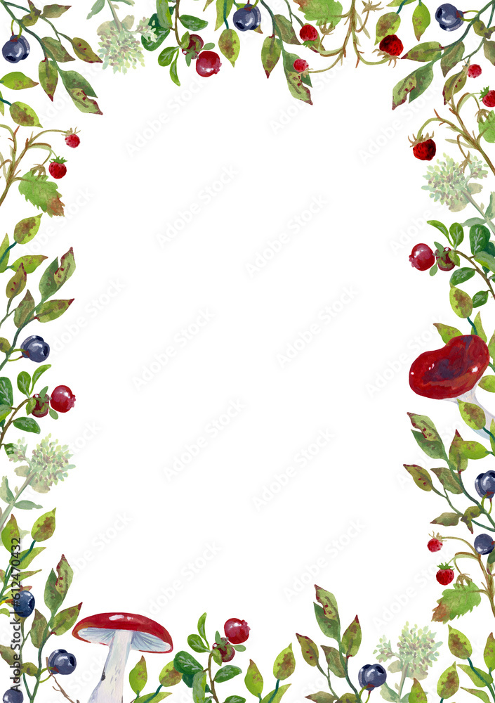 rectangular frame of wild berries, mushrooms and plants on a white background. rectangular frame of wild berries, mushrooms and plants on a white background.
