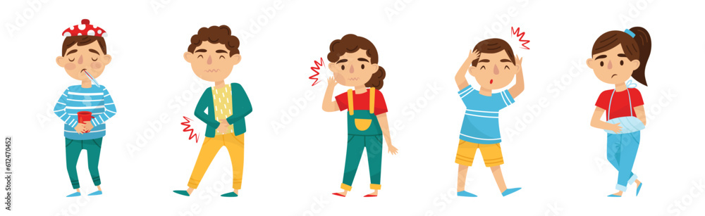 Sick Children Feeling Sad and Unwell Suffer from Illness Vector Set