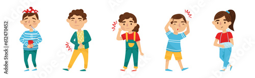 Sick Children Feeling Sad and Unwell Suffer from Illness Vector Set