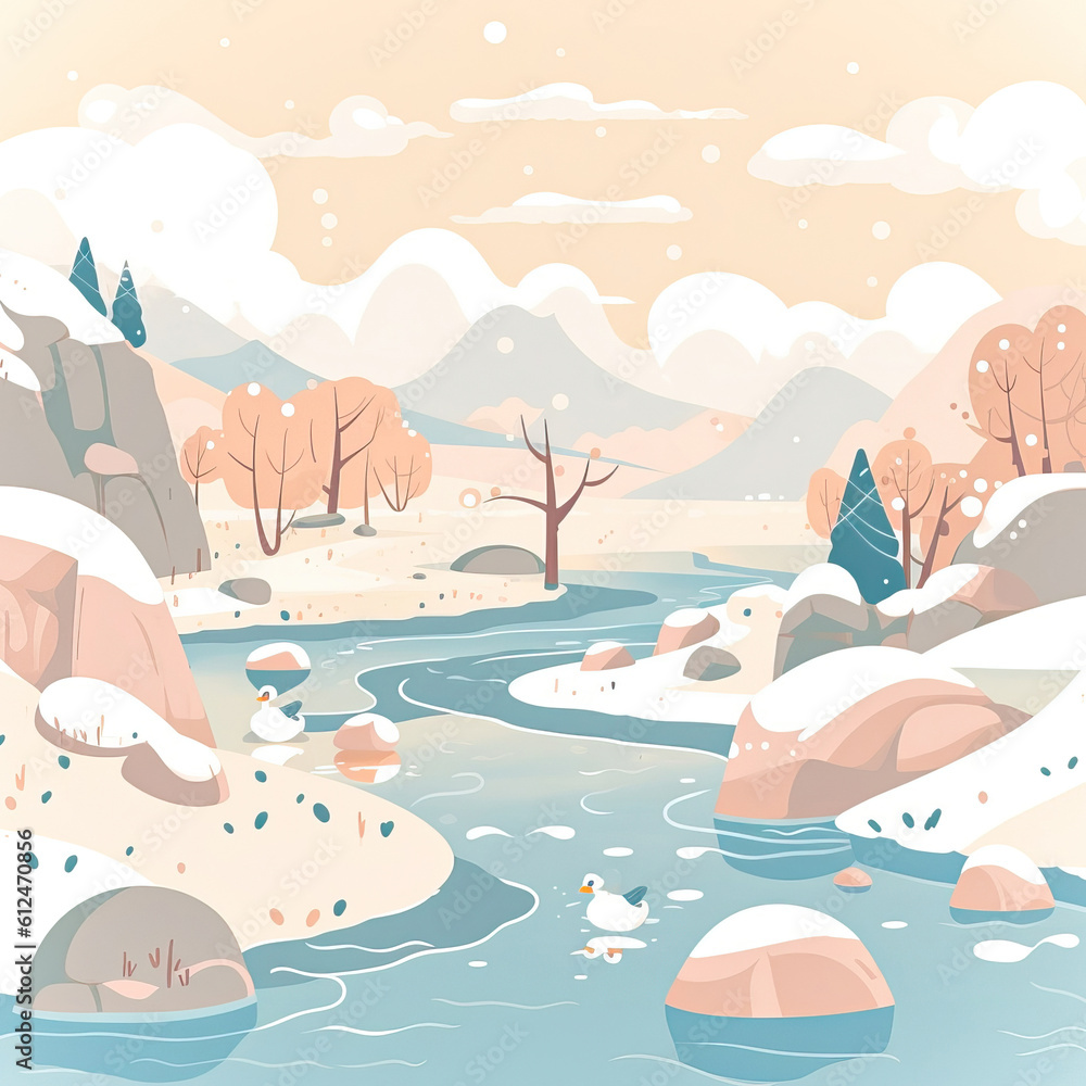 Soft color winter valley illustration, flat style illustration