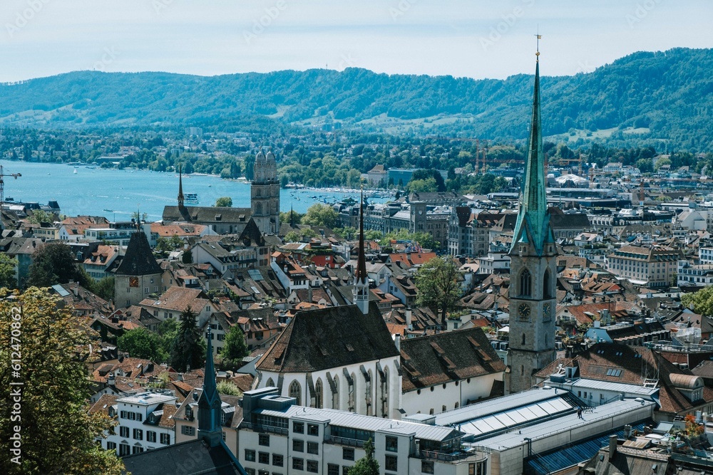 Cityscape view of the city of Zurich buildings, Fraumunster Church by Lake Zurich, Switzerland