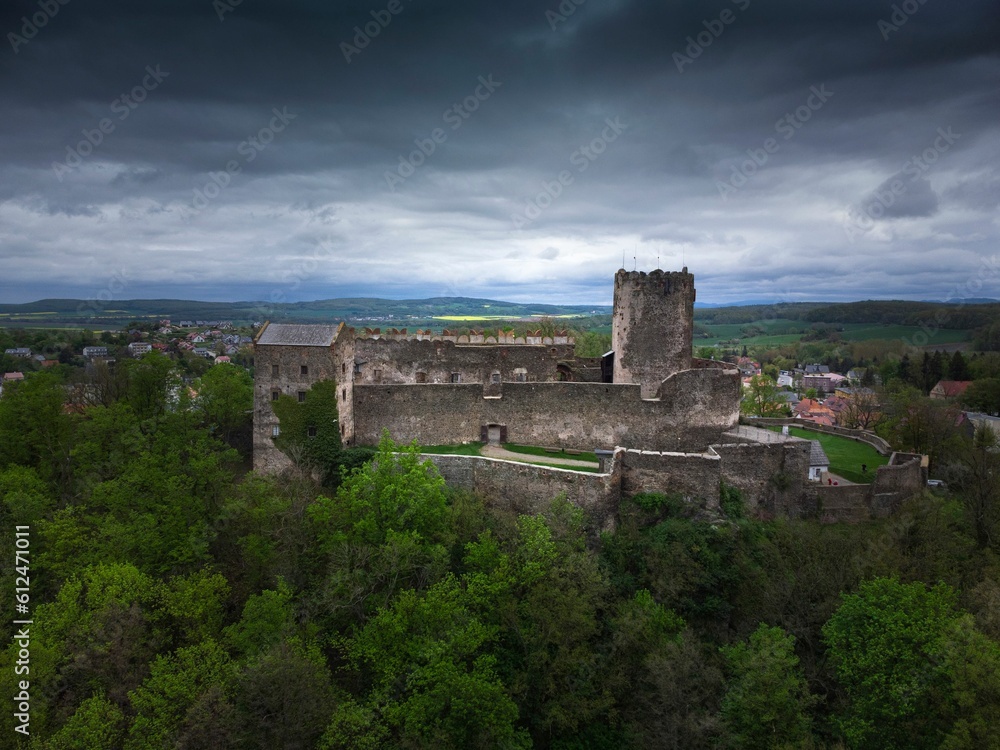 View of the Bolkow Castle located on Castle Hill on a gloomy day, Poland