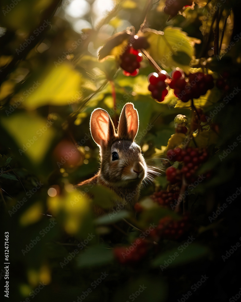 Closeup of a rabbit in a forest, a forest full of fruits, portrait of a rabbit,rabbit in the grass