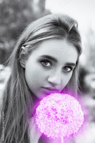 Black and White woman with purple glowing flower