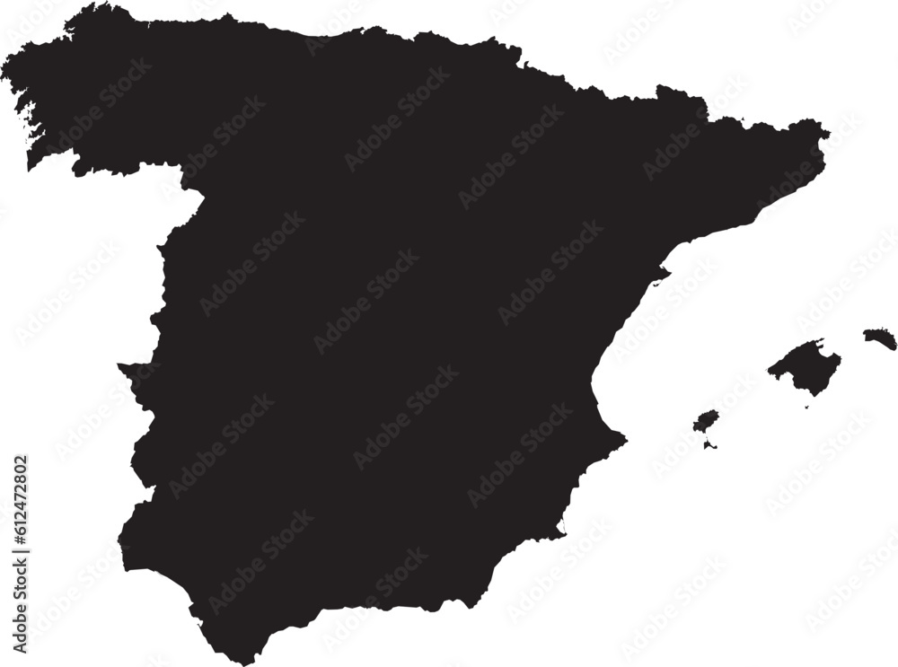 BLACK CMYK color detailed flat stencil map of the European country of SPAIN on transparent background
