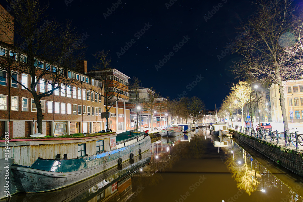 Groningen, Netherlands night Cityscape photographed at night. Groningen during a clear evening in autumn, summer. City centre of Groningen Netherlands at night