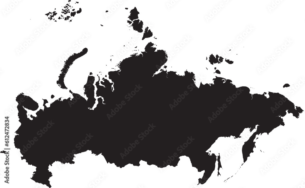 BLACK CMYK color detailed flat stencil map of the European country of RUSSIA on transparent background