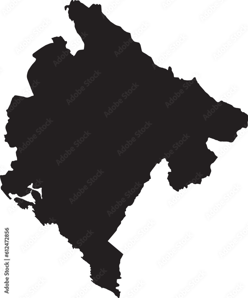 BLACK CMYK color detailed flat stencil map of the European country of MONTENEGRO on transparent background