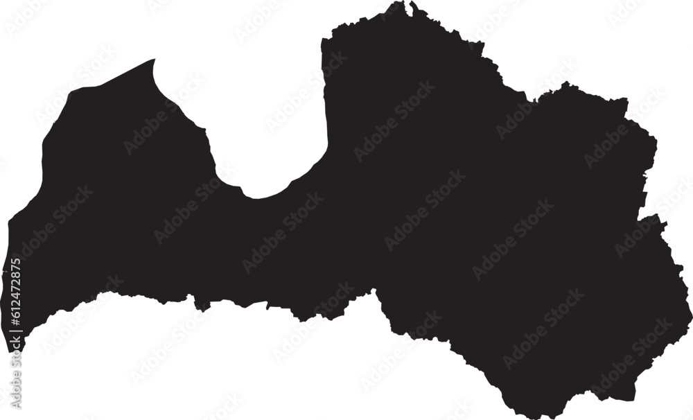 BLACK CMYK color detailed flat stencil map of the European country of LATVIA on transparent background