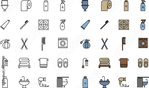 Set of vector icons, everything for the bath and bathroom accessories, clean and tidy home and body, personal hygiene
