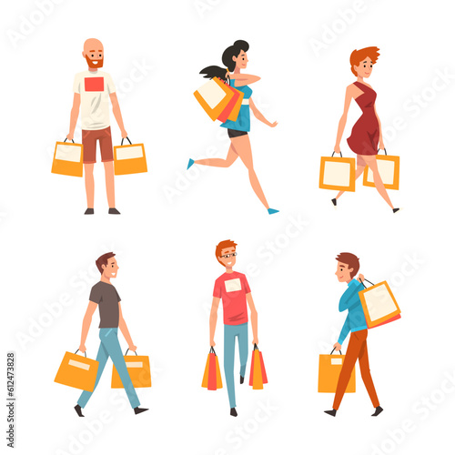 People Characters Carrying Shopping Bags with Purchases Vector Set