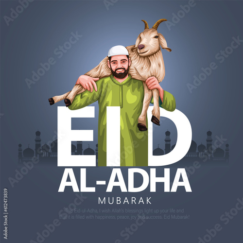 happy eid al adha mubarak A man carrying goat on his shoulders. abstract vector illustration design