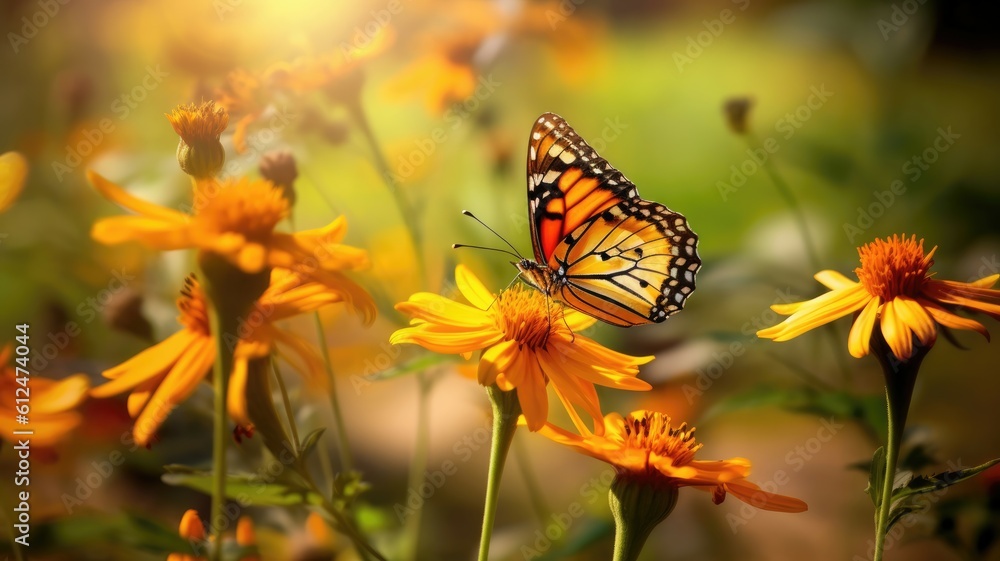 Delicate butterfly delicately rests on a vibrant wildflower, adding a touch of enchantment. Generative AI Delicate butterfly delicately rests on a vibrant wildflower, adding a touch of enchantment. Generative AI