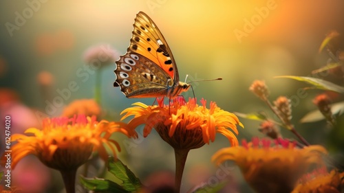 Delicate butterfly delicately rests on a vibrant wildflower, adding a touch of enchantment. Generative AI