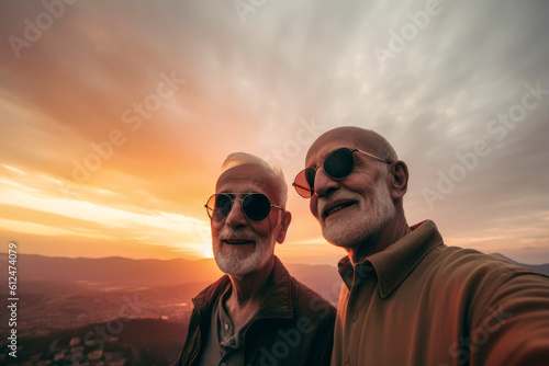 Generative AI illustration of Happy old gay couple in love on vacation in the light of a sunset