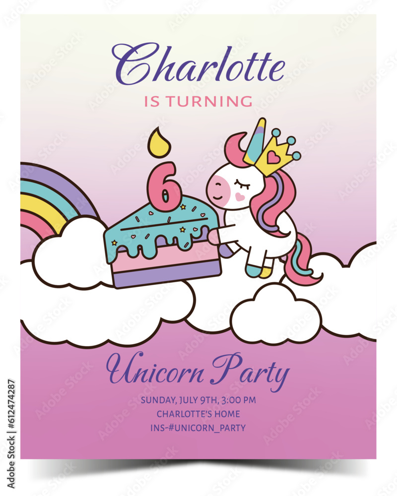 Obraz premium Cute doodle unicorn 6 birthday party invitation card. Ready to print. Vector illustration