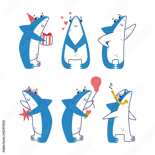 Cute Blue Shark as Sea Animal with Dorsal Fin Vector Illustration Set