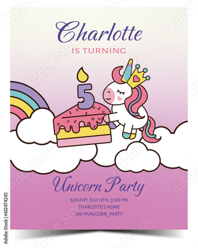 Cute doodle unicorn 5 birthday party invitation card. Ready to print. Vector illustration