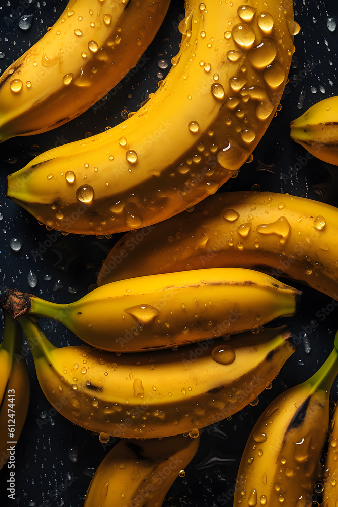 fresh bananas, water drops, patterning, generative AI