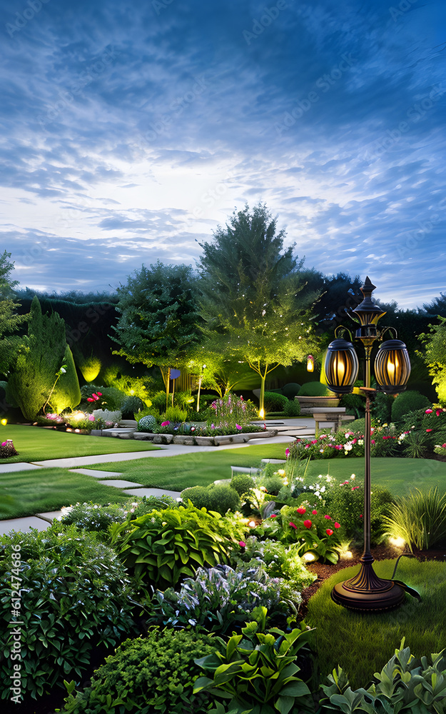 Scenic green garden with bright shining lights and assortment flowers in the afternoon