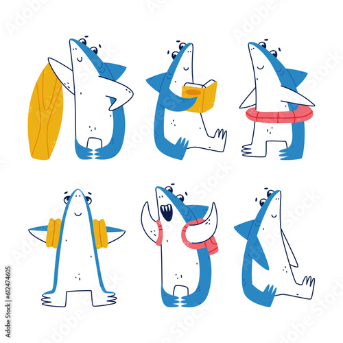 Cute Blue Shark as Sea Animal with Dorsal Fin Vector Illustration Set