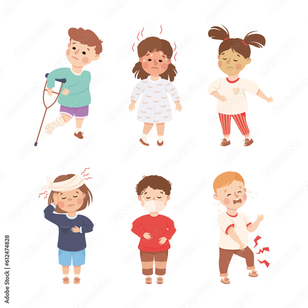 Sick Little Boy and Girl Feeling Unwell Suffering from Illness Vector Illustration Set Sick Little Boy and Girl Feeling Unwell Suffering from Illness Vector Illustration Set