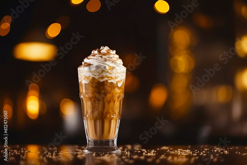 Iced caramel latte coffee in a tall glass with whipped cream. Generative AI illustration
