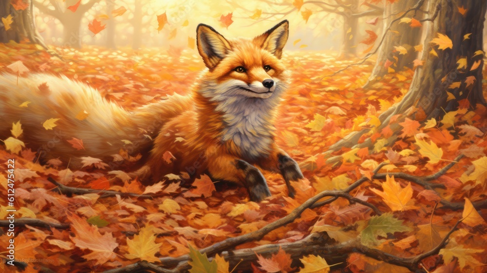Fototapeta premium Sprightly fox pounces through a bed of fallen leaves, leaving a trail of autumn magic. Generative AI