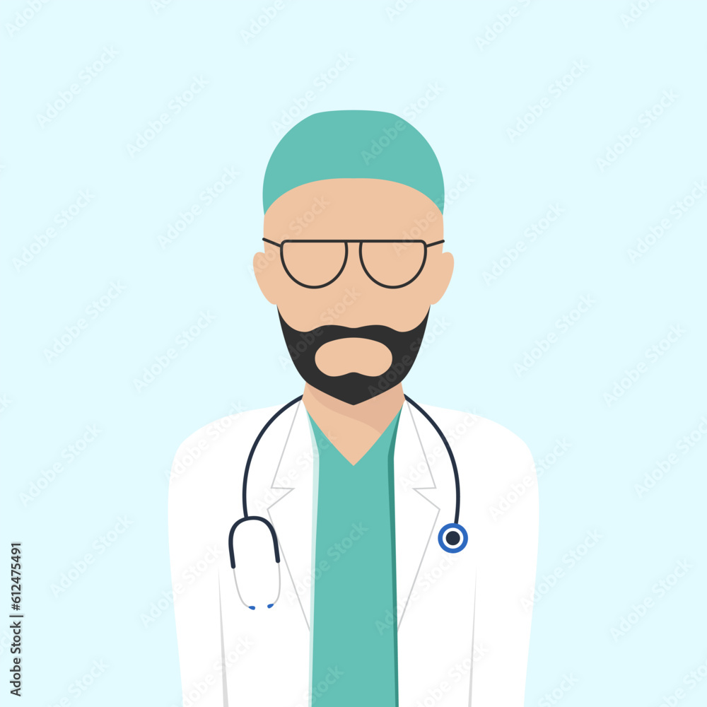 Fototapeta premium Male doctor in a white coat with a statoscope. Male surgeon in a flat faceless style. Doctor.Vector illustration for design and print