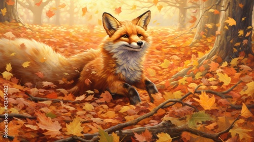 Sprightly fox pounces through a bed of fallen leaves, leaving a trail of autumn magic. Generative AI