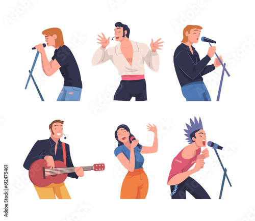 Singers and Musician with Microphone Perform Music on Stage Vector Set
