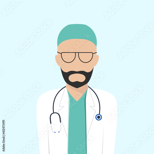 Male doctor in a white coat with a statoscope. Male surgeon in a flat faceless style. Doctor.Vector illustration for design and print
