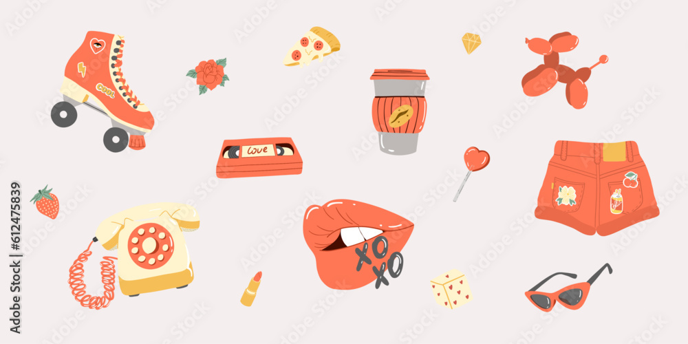Fototapeta premium Collection of summer stickers. Cup of coffee, shorts, roller skate, pizza, sunglasses, balloon dog, telephone. Retro elements. Vector set
