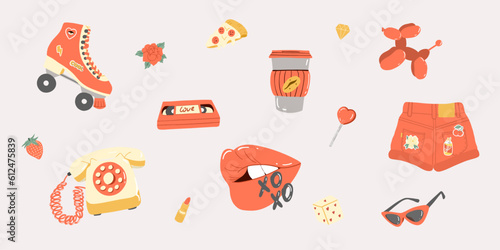 Collection of summer stickers. Cup of coffee, shorts, roller skate, pizza, sunglasses, balloon dog, telephone. Retro elements. Vector set