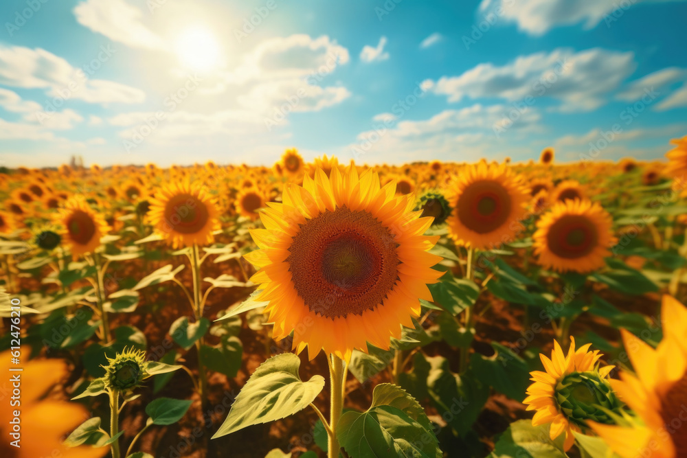 Fototapeta premium Endless sunflowers in bloom. A panoramic view of a sunflower field stretching as far as the eye can see. Generative AI 