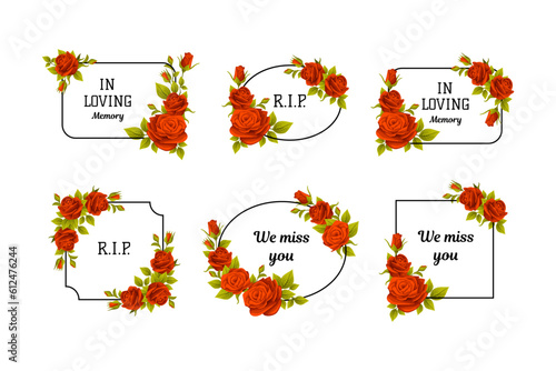 Funeral Red Rose Frame with Text Quote and Inscription Vector Set