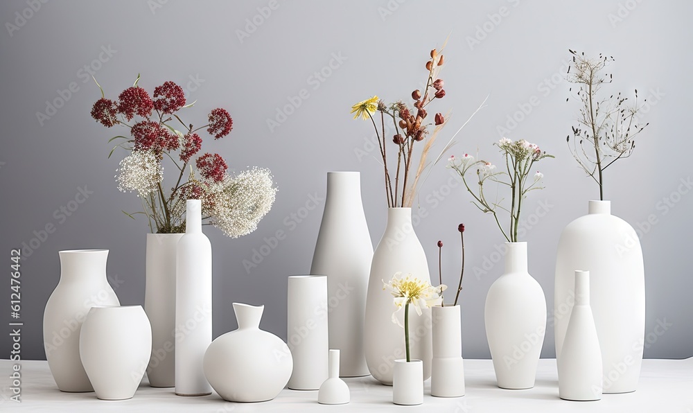  a group of white vases sitting on top of a white table next to each other on a white tablecloth covered tablecloth with flowers.  generative ai