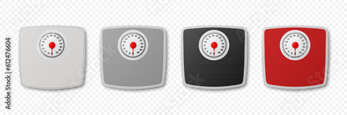 Vector 3d Realistic Bathroom Scales. Bathroom Body Weight Scales Icon Set Closeup Isolated in Front, Top View. Classic Retro Bathroom Floor Scale Design Template